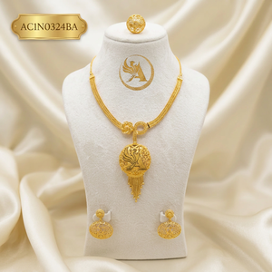 Stylish 18K Gold Plated Brass Box Chain Necklace Set Wedding Style Flower Pattern Earrings & Rings Jewelry for Women - Product Image 1