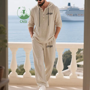 Setelan Kasual Pria Linen Baru, Kemeja Lengan Panjang Berkerah Hoodie Longgar Berhias Manik-Manik dan Celana, 2 Potong, Pakaian Pria - Product Image 1