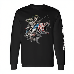 Camiseta de manga larga con diseño de calavera de pez y bandera americana para pescador - Product Image 2