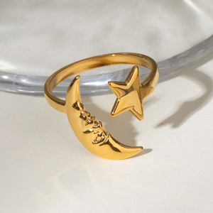 Star <b>Moon</b> Design <b>Ring</b> 18k Gold Stainless Steel Unisex Jewelry Gift Geometric Shape - Product Image 2