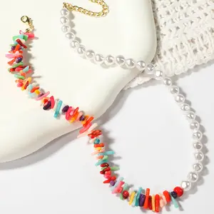 Summer Choker Mixed Natural Coral bead Stone Colorful plastic ABS Pearls Boho Fashion Women Necklace choker
