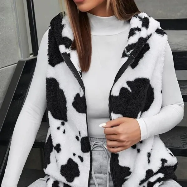 Cow Print Sherpa Zipper Thick Warm Sleeveless Vest Fleece Adult Hooded Coat