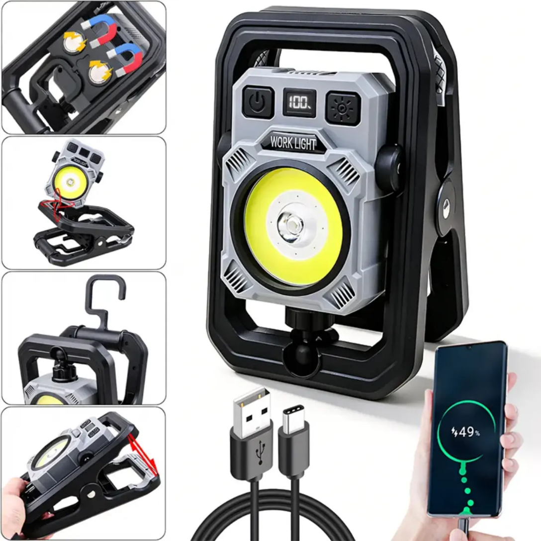 New Magnetic Hook COB Clamp Work Light with Handle and Dimming Function, Suitable for Workshop Operations and Outdoor Camping