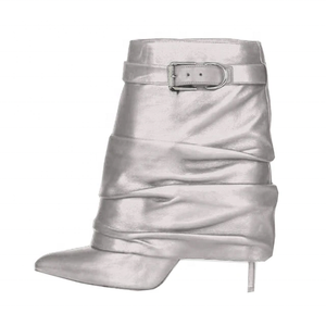 Botines de tacón de aguja de gamuza para mujer, con hebilla y parte superior plisada, estilo plegable - Product Image 2