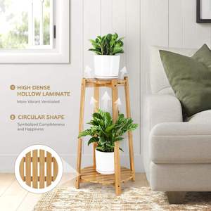 Soportes de plantas de esquina de Interior de bambú de 2 niveles, soporte de maceta de madera para estante de almacenamiento para sala de estar y Pedestal - Product Image 3