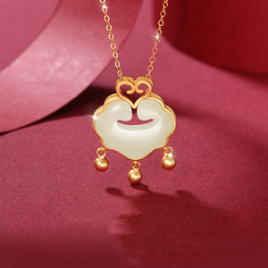 Women's Longevity Lock Necklace Sand Gold White Jade Pendant Clavicle Chain Everyday Wear Geometric Design Bezel Setting - Product Image 2