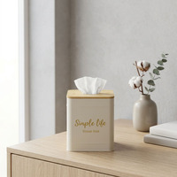Boîte à mouchoirs carrée moderne en métal avec couvercle en bambou, motif Simple Life, distributeur de serviettes pour la maison, l'hôtel et le bureau