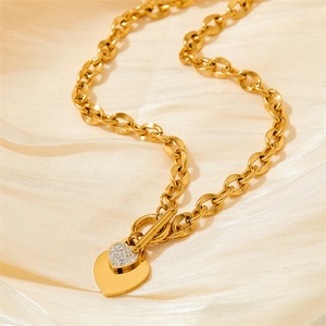 Conjunto de Joyería en Oferta, Acero Inoxidable, Cierre OT, Zirconia de Buena Calidad, Cadena con Baño de Oro, Collar con Colgante de Corazón de Cristal - Product Image 2