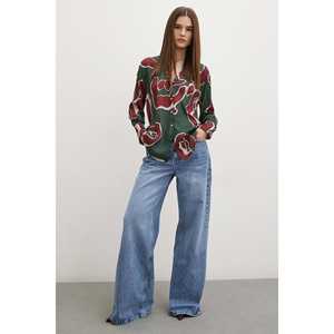 Camisa de Satén con Estampado de Mango para Mujer, Blusa Casual con Botones, Uso Diario, Patrón Verde y Rojo, Manga Larga - Product Image 3