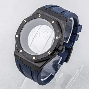Mens tùy chỉnh đồng hồ màu đen 42mm trường hợp Sapphire Tinh thể thủy tinh 31.8mm quay số Silicone Dây đeo đồng hồ phù hợp nh35 nh36 phong trào phần cổ tay