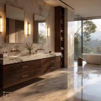 Système d'armoires de salle de bain intégrées en noyer moderne de luxe italien, tour de rangement pleine hauteur, double vasque, miroir intelligent