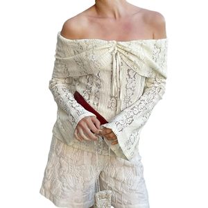 Lace Off Shoulder <b>Bell</b> Sleeve Crop Top Women Back Zipper Sheer Layer Y2K Party Holiday Wear - Product Image 5