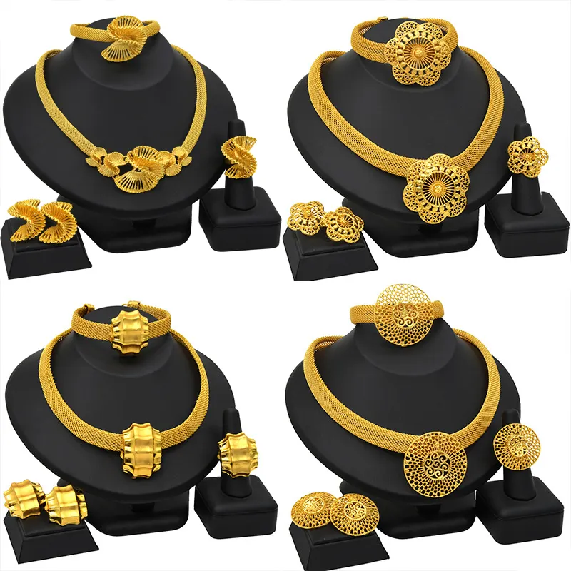 Indian Bridal Jewelry Set Wedding Necklace Bracelet Earrings Ring 24K Gold Plated Jewelry Sets