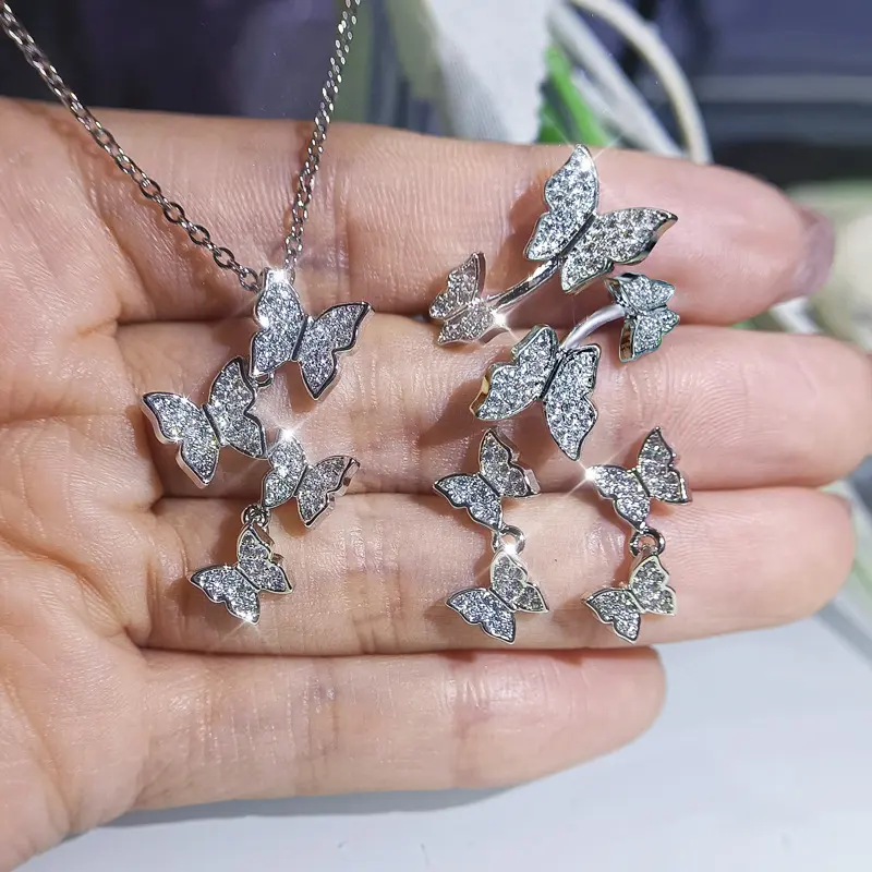 Caoshi anéis estilo colar, colar, brincos, feminino, curto, quatro borboletas, diamante, clavícula cravejada, corrente, borboleta, conjunto de jóias