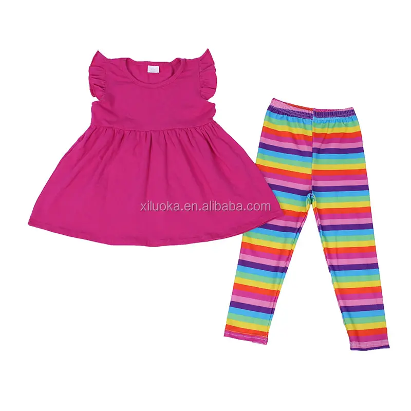 Casual 2 pcs kids sets solid color flutter sleeve tunic top match rainbow stripes slim legging pants fall baby girl outfits