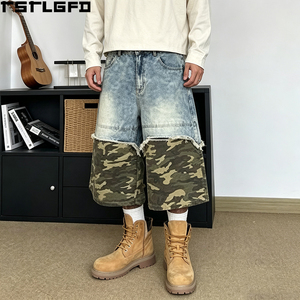 Custom Panelled Denim <b>Camo</b> <b>Shorts</b> Heavyweight Woodland <b>Camo</b> Wide Leg Raw Hem Jorts Wholesale Bulk - Product Image 3