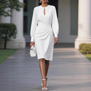 Vestido Elegante de Mujer para Otoño 2026, Color Sólido, Cintura Plizada, Ajustado, con Aberturas - Product Image 5