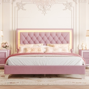 Luxurious PU Leather Platform <b>Bed</b> <b>Queen</b> <b>Size</b> Upholstered <b>Bed</b> Frame with LED Lights with Tufted Headboard - Product Image 1