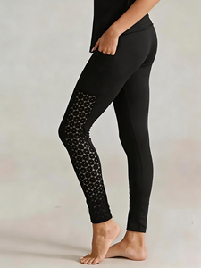 Leggings noirs taille haute pour femmes avec empiècements latéraux en dentelle florale - Pantalons décontractés extensibles pour un usage quotidien - Product Image 1