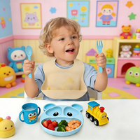 Ensemble de vaisselle pour enfants en silicone multi-compartiments, design ours de dessin animé, fourchette cuillère non toxique |   Résistant à la chaleur, compatible lave-vaisselle