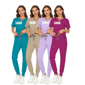 Fashionable Burgundy Women Cross Line Neck Female Scrub Top Yoga Jogger 3 Pockets Medical Scrubs Sets Nursing Hospital Uniforms