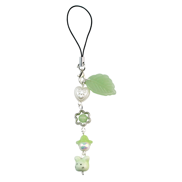 Handmade Leaf Clover Beaded Phone Charm Y2K Cute Cat Keychain Cybercore Cell Phone Chain Pendant Key Ring Bag Decor
