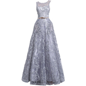 Elegant A-Line Evening Dress Grey Organza Floral Print Scoop Neck Long Hostess Dress 3D Stereoscopic Patterns Natural Waistline - Product Image 5