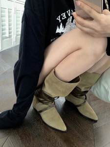 <span class=keywords><strong>Bottes</strong></span> hautes en PU à bout pointu et talon épais pour <span class=keywords><strong>femme</strong></span>, mode <span class=keywords><strong>hiver</strong></span> <span class=keywords><strong>2022</strong></span>, avec lanières en denim pour l'extérieur - Product Image 6