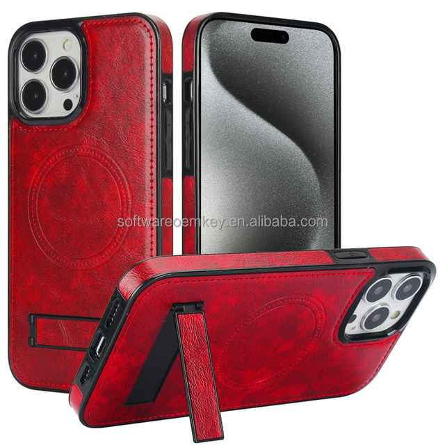 Latest 11 Pro Red Silver Sticker Leather Phone Case Magnetic Charging Stand Back Cover for iPhone 11 12 13 14 15 Pro Max