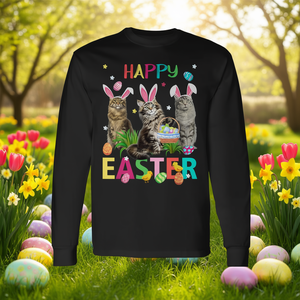 Camiseta de manga larga con estampado de tres gatos Maine Coon con orejas de conejo, diseño de Feliz Día de Pascua - Product Image 3