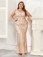 Robe de soirée de luxe sans manches à col rond pour femme, couleur or rose, style sirène, longue et scintillante, grande taille