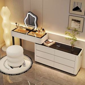 Coiffeuse en bois massif couleur crème avec commodes intégrées, bureau de maquillage, miroir LED en forme de nuage, durable et écologique - Product Image 4