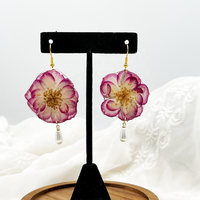 Perhiasan Resin Cantik, Emas Stainless Steel, Bunga Asli, Mutiara, Liontin Mawar, Anting Buatan Tangan