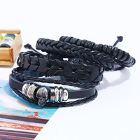 Ensemble Bracelet Tissé Crâne Gothique Tressé en Cuir Noir pour Homme Bijoux de Charme de Mode