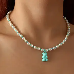 新设计混珠项链与果冻熊个性彩色米珠珍珠项链锁骨链女士珠宝