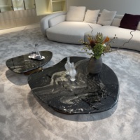 Table basse moderne en marbre noir naturel avec forme organique et base en acier inoxydable, ensemble de table centrale ovale en pierre pour salon