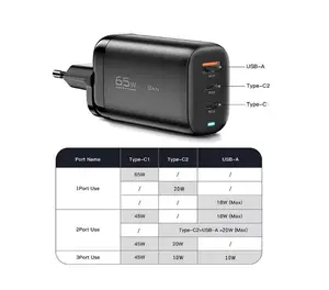 PD 65W Interchangeable Plug Charger GaN Type C USB Fast Quick Charger QC 3.0 Travel Multi US EU UK AU For Table Mobile Laptop