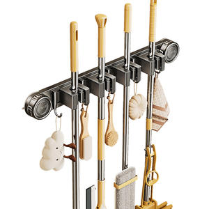 Soporte para fregona montado en la pared, color azul, acabado cromado, organizador de almacenamiento sin perforaciones para puerta de baño - Product Image 2