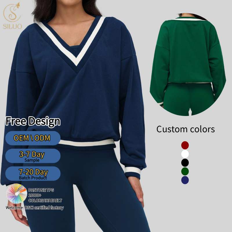 Women's Color Block V-Neck Sweatshirt Loose Casual Long Sleeve Comfortable Sports Solid Yoga Top Ropa Deportiva Mujer for Gym