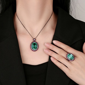 Wholesale Eco-friendly Copper 15*20/13*18mm Green Zircon Black Gold Plated Necklace and <b>Ring</b> <b>Sets</b> for <b>Women</b> Jewelry - Product Image 6