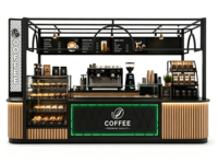 Kiosque à café moderne personnalisé, stand de café pour centre commercial, comptoir de café intérieur, kiosque à boissons et à nourriture avec auvent métallique, vitrine à pâtisserie