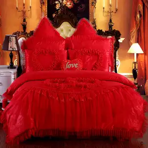 Amerikaanse Stijl Katoen Jacquard Kant Prinses Bed Set Luxe Bruiloft Dekbedovertrek Set