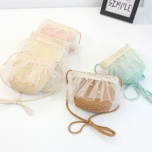 New Fashion Toddler Kids Girls Spring Summer Holiday Beach Lace Paried With Tiny Pearl Straw Woven Kid Bag