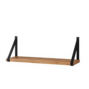 Floating Wall <b>Shelf</b> Wood Storage Rack Minimalist Design <b>Black</b> Metal <b>Bracket</b> Single Tier Rectangle Shape - Product Image 1