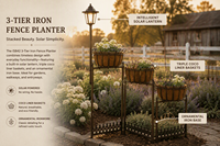 Support de Jardinière Suspendue à 3 Niveaux avec Paniers en Fibre de Coco et Éclairage Solaire, Cadre de Présentation de Jardin en Fer Forgé