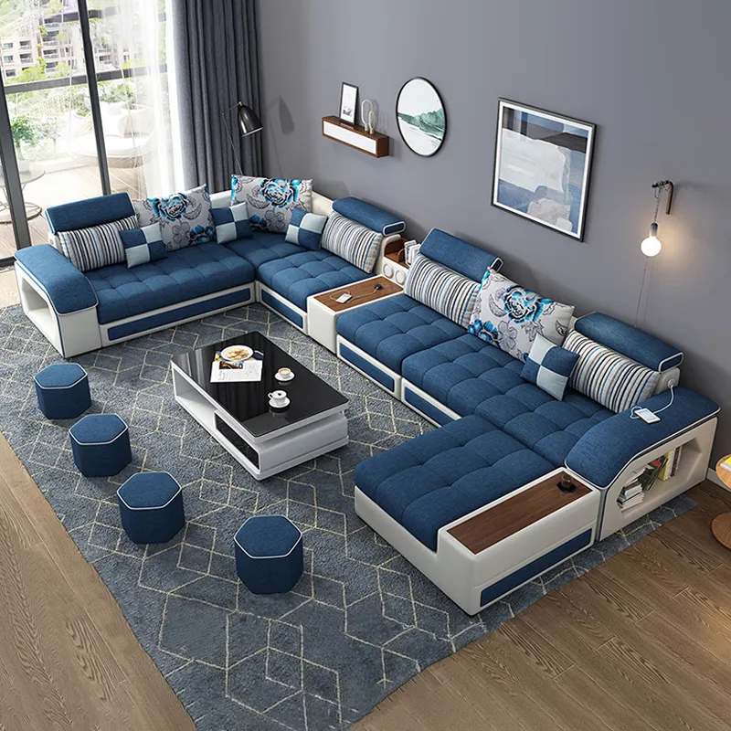 Desain Modern Kain Tahan Air Kayu Klasik Biru Lantai Hotel 7 Seater Sectional Sofa Set Mebel Sofa Ruang Tamu