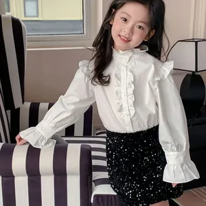 2024新款韩版设计小女孩褶边衬衫配亮片裙子时尚服装603X