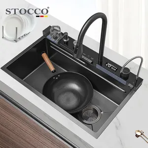 Moderna alta qualidade artesanal 304 aço inoxidável cozinha pia Single Bowl digital Display Waterfall Kitchen faucet Sink set