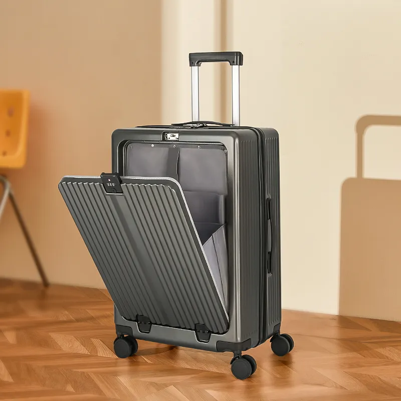 2024 diskon besar-besaran koper bawaan 20 inci pengisi daya USB dengan saku depan tas koper Trolly sisi keras PC