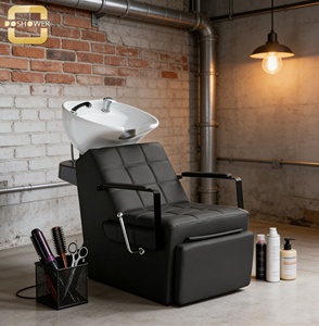 Station de lavage de cheveux de style <span class=keywords><strong>loft</strong></span> industriel avec évier en céramique et fauteuil de shampoing noir matelassé pour salons de coiffure et barbiers - Product Image 4